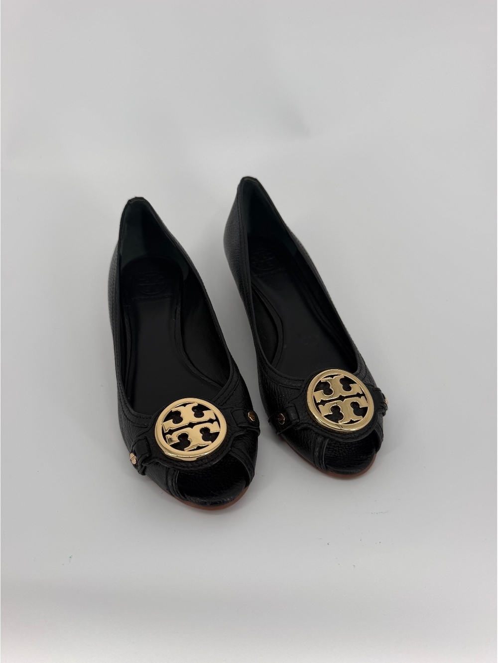 Tory Burch Black Leather Peep Toe Wedge Flats with Gold Logo